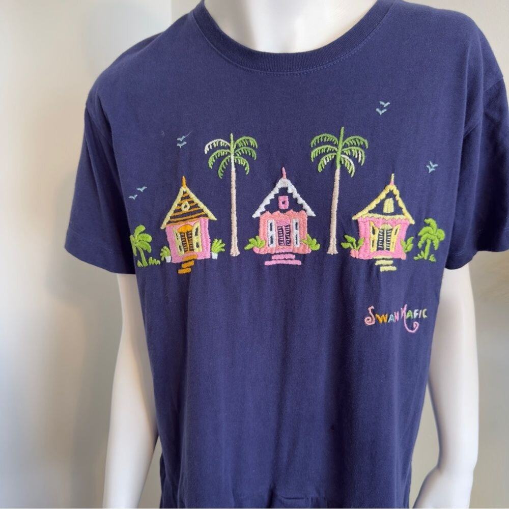 Vtg 90s Swan Magic Hand Embroidered Tropical Houses T-Shirt Dress Navy S/M - Picture 3 of 13
